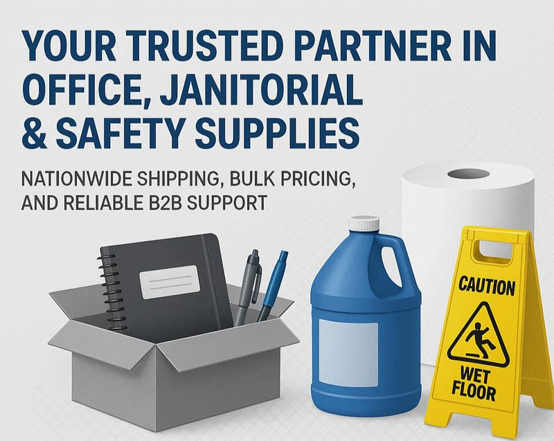 Advertisement for Mega Builders Group Inc. featuring office, janitorial, and safety supplies on a white background.